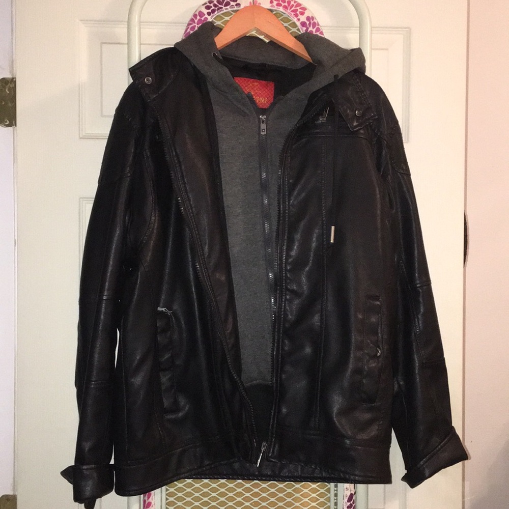 Black Leather Jacket with removable hood